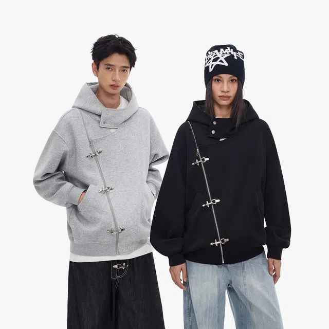 艾梵斯贝 美式复古潮流斜门襟飞机扣小众设计款简约日常通勤百搭宽松休闲时尚高级感潮酷连帽无性别情侣款卫衣 男女同款