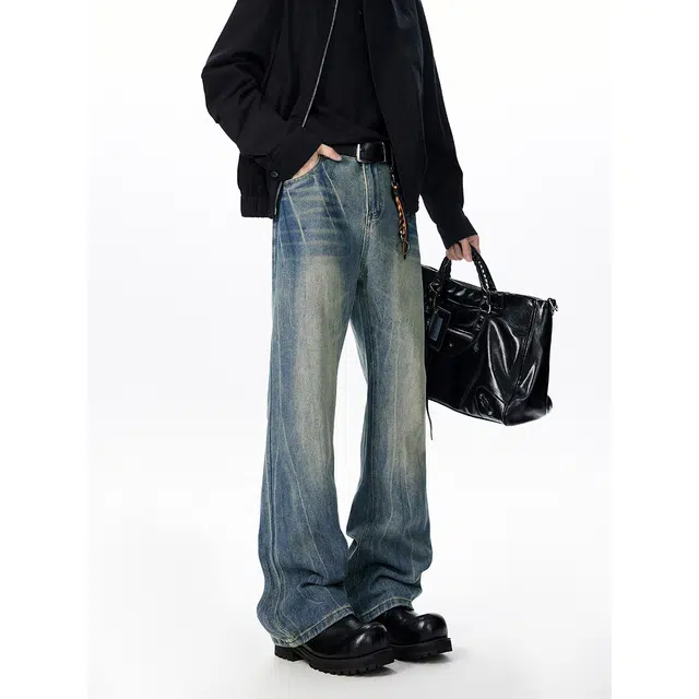 艾梵斯贝 美式复古潮流闪电纹扎花做旧水洗潮酷高级感无性别主义日常通勤百搭高街风宽松微喇显瘦休闲牛仔裤 男女同款