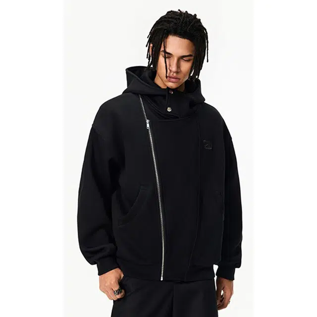 艾梵斯贝 美式复古潮流不规则解构拼接斜拉链简约设计款无性别日常通勤百搭宽松休闲时尚春秋高龄连帽情侣款卫衣 男女同款