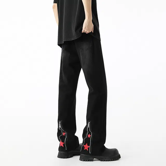 艾梵斯贝 美式复古潮流做旧水洗设计感拉链无性别高级感日常通勤百搭高街风个性时尚休闲宽松微喇牛仔裤 男女同款