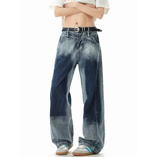 艾梵斯贝 美式复古潮流高级感做旧水洗解构拼接潮酷无性别高街风简约时尚百搭个性街头宽松休闲牛仔裤 男女同款