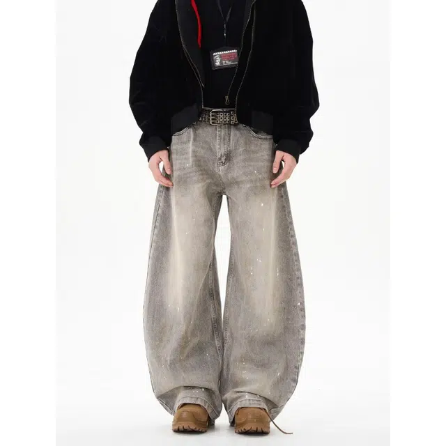 艾梵斯贝 美式复古潮流水洗灰做旧小众设计款无性别日常通勤百搭高级感宽松休闲高街风潮酷个性街头街舞弯刀牛仔裤 男女同款