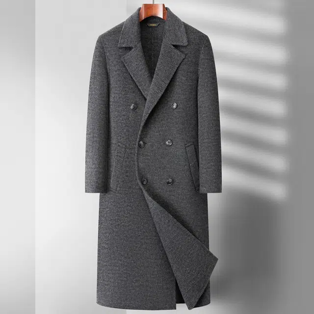 艾梵斯贝 高品质轻奢御寒保暖时尚简约纯色长款兔毛羊驼绒休闲商务绅士日常通勤百搭英伦风双排扣西装领过膝羊毛呢大衣 男女同款