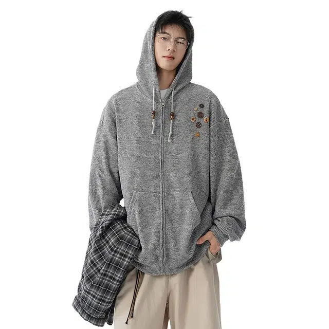 艾梵斯贝 美式复古潮流纯色纽扣针织连帽小众设计感无性别主义法式慵懒风日常通勤百搭宽松舒适休闲开衫卫衣 男女同款