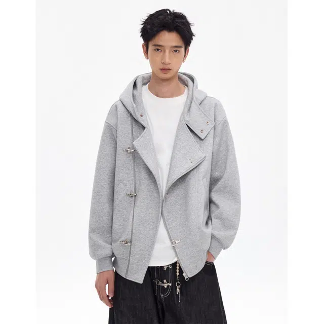 艾梵斯贝 美式复古潮流斜门襟飞机扣小众设计款简约日常通勤百搭宽松休闲时尚高级感潮酷连帽无性别情侣款卫衣 男女同款