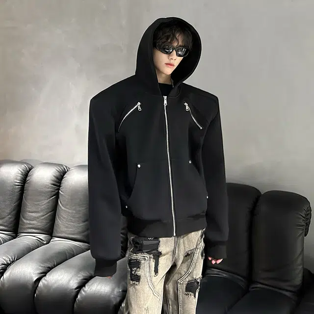 艾梵斯贝 美式风新潮流垫肩金属设计款小众拼接立体解构潮酷高街风日常通勤百搭宽松休闲时尚痞帅高级感连帽夹克 男款