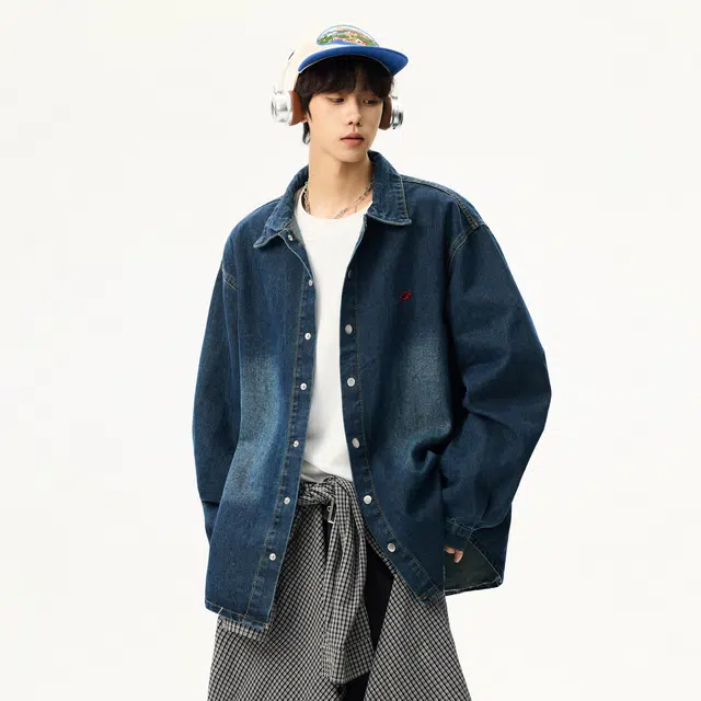 艾梵斯贝 美式复古潮流字母刺绣做旧水洗小众设计款无性别日常通勤百搭衬衣宽松休闲时尚高级感潮酷文艺学院风牛仔外套 男女同款