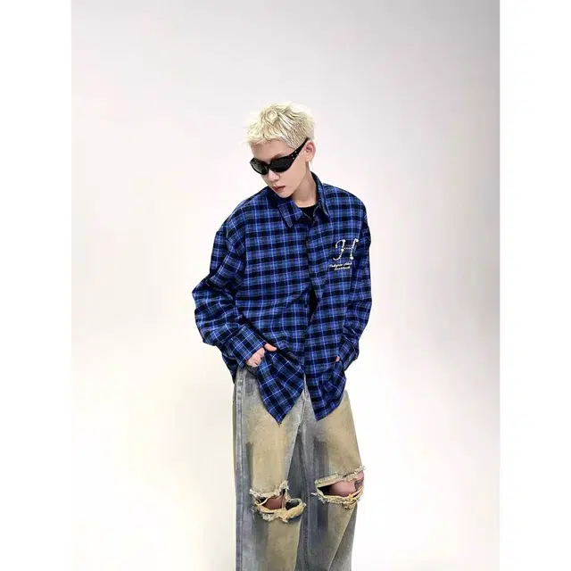 艾梵斯贝 美式复古潮流珍珠挂饰钉珠小众设计感无性别主义高级感潮酷街头高街风时尚简约百搭日常宽松休闲格子衬衫 男女同款