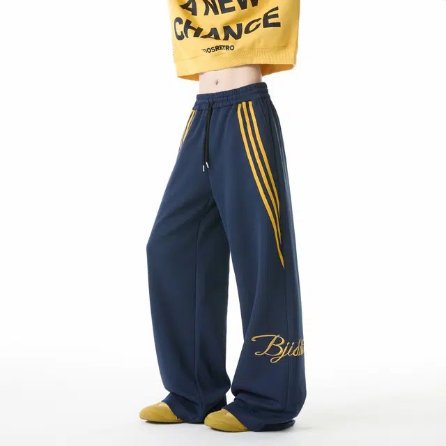 艾梵斯贝 美式复古潮流运动条纹拼接字母刺绣撞色简约设计感无性别主义潮酷高街风日常通勤百搭个性街舞宽松直筒休闲裤 男女同款
