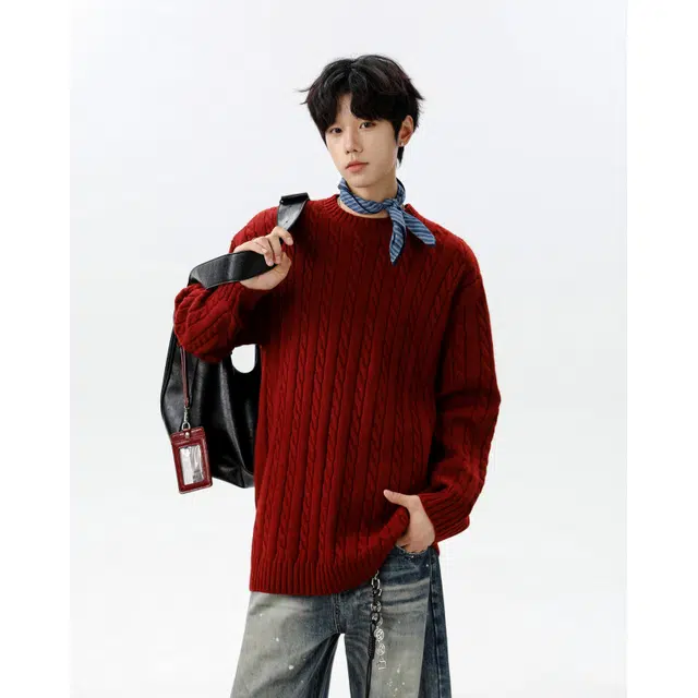 艾梵斯贝 美式复古潮流麻花纹慵懒风圆领打底衫线衣潮酷日常通勤百搭宽松休闲时尚高级感高街风情侣款针织衫 男女同款