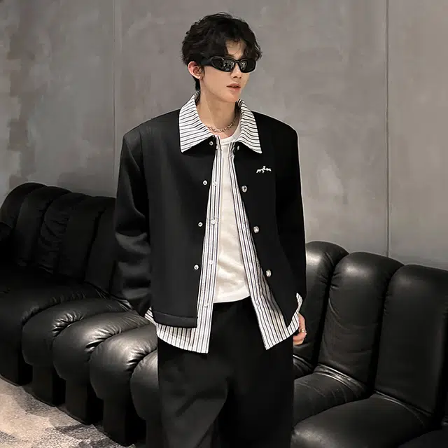 艾梵斯贝 美式复古潮流垫肩假两件条纹金属扣小众设计款无性别日常通勤百搭宽松休闲时尚高级感潮酷个性街头高街风夹克 男款