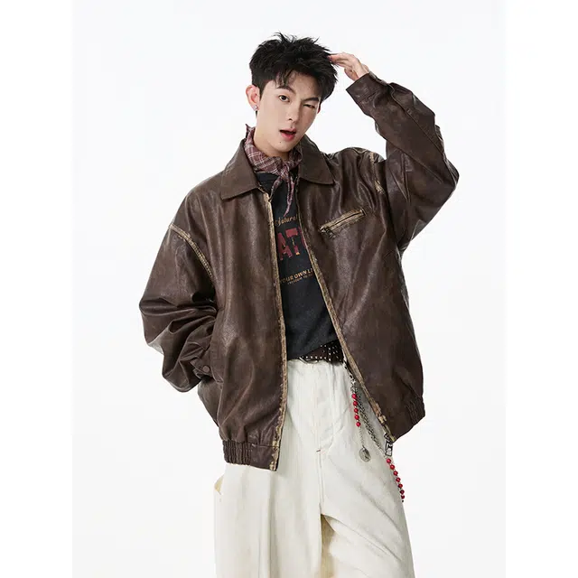 艾梵斯贝 美式复古潮流做旧破坏小众设计款高级感日常通勤百搭潮酷简约休闲时尚高街风痞帅质感翻领皮衣夹克 男款