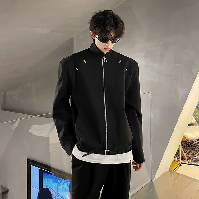 艾梵斯贝 美式复古潮流垫肩款金属装饰工装短款立领痞帅老钱风简约小众设计款潮酷日常通勤百搭高街风宽松时尚休闲夹克外套 男款