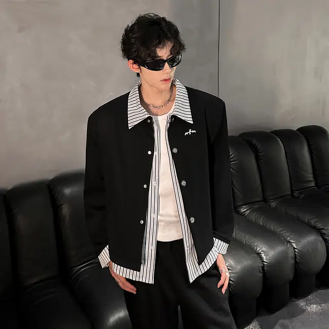 艾梵斯贝 美式复古潮流垫肩假两件条纹金属扣小众设计款无性别日常通勤百搭宽松休闲时尚高级感潮酷个性街头高街风夹克 男款