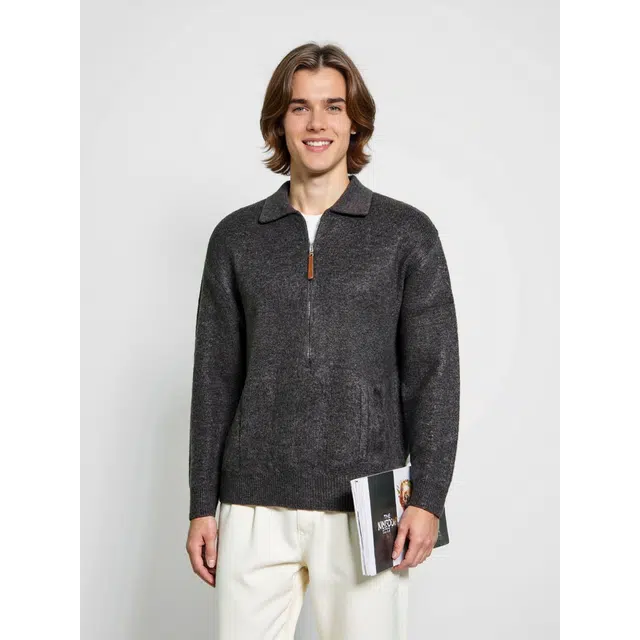 艾梵斯贝 美式复古英伦风简约设计款拉链领高级感日常通勤百搭宽松休闲商务青年质感轻奢职场气质翻领毛衣 男款