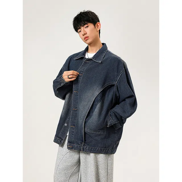 艾梵斯贝 美式复古潮流经典做旧水洗渐变解构拼接小众设计工艺潮酷无性别主义高级感日常通勤百搭宽松休闲情侣牛仔外套 男女同款