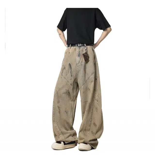 艾梵斯贝 美式复古潮流街头染脏小众设计款无性别高级感日常通勤百搭个性高街风潮牌弯刀牛仔裤 男女同款