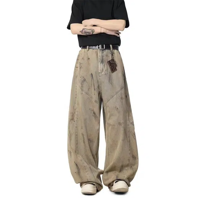 艾梵斯贝 美式复古潮流街头染脏小众设计款无性别高级感日常通勤百搭个性高街风潮牌弯刀牛仔裤 男女同款