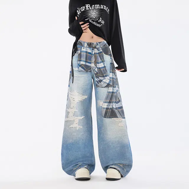 艾梵斯贝 美式复古潮流格纹拼接印花小众设计款高级感个性街头日常通勤百搭款宽松休闲时尚高街风潮酷直筒牛仔裤 男女同款