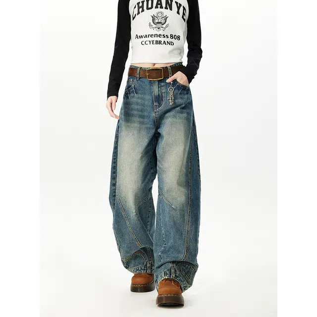 艾梵斯贝 美式复古潮流做旧水洗解构拼接弯刀裤小众设计感无性别潮酷时尚街头日常通勤百搭高街风个性休闲牛仔裤 男女同款