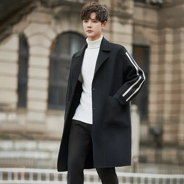 艾梵斯贝 高品质韩版西装领修身过膝双面呢长款羊毛高级感条纹拼接简约设计款日常休闲商务行政北欧风长袖大衣 男款