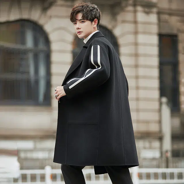 艾梵斯贝 高品质韩版西装领修身过膝双面呢长款羊毛高级感条纹拼接简约设计款日常休闲商务行政北欧风长袖大衣 男款
