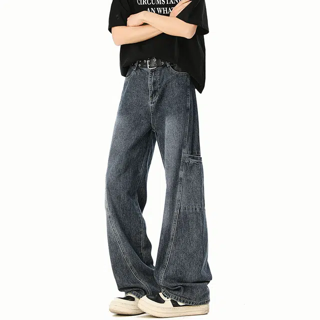 艾梵斯贝 美式复古潮流纯色明线装饰拼接水洗简约设计款无性别主义高街日常通勤百搭宽松舒适休闲直筒拖地牛仔裤 男女同款