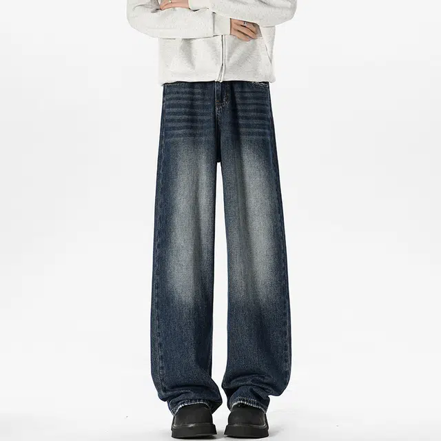 艾梵斯贝 美式复古潮流经典做旧水洗简约设计垂感拖地无性别主义高街风日常通勤百搭宽松直筒休闲牛仔裤 男女同款