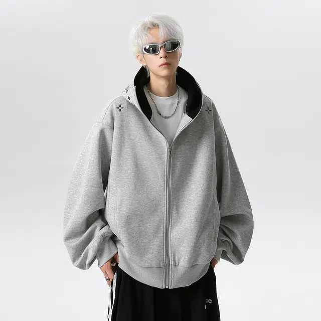 艾梵斯贝 美式复古潮流重工刺绣工艺简约设计款无性别高级感日常通勤百搭高街风连帽拉链开衫卫衣 男女同款