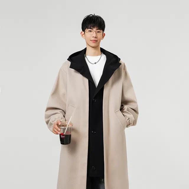 艾梵斯贝 高品质轻奢假两件层次感时尚简约纯色拼接设计款连帽休闲商务绅士日常通勒百搭英伦风单排扣中长款情侣款大衣 男女同款