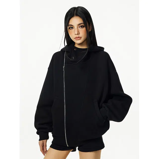 艾梵斯贝 美式复古潮流不规则解构拼接斜拉链简约设计款无性别日常通勤百搭宽松休闲时尚春秋高龄连帽情侣款卫衣 男女同款