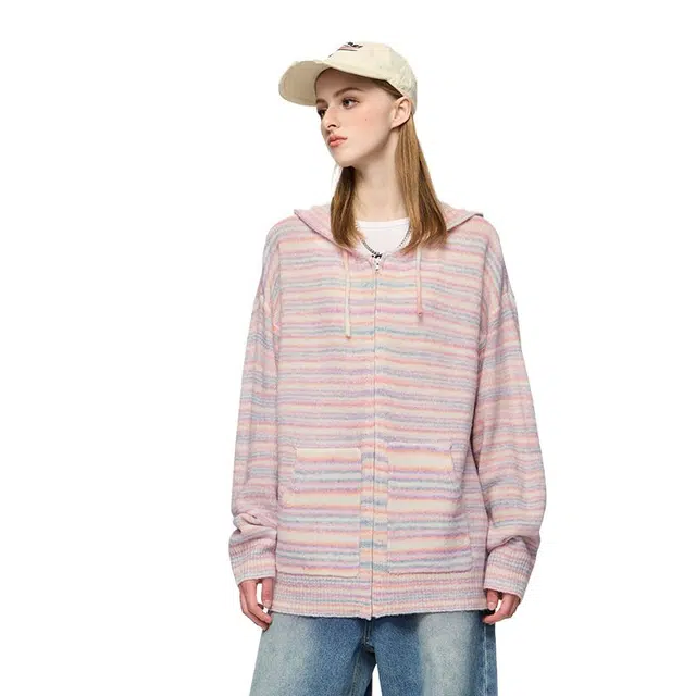 艾梵斯贝 美式复古潮流条纹连帽毛针织衫开衫个性街头撞色小众设计感无性别日常通勤百搭质感休闲时尚宽松卫衣 男女同款