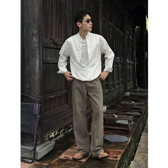 艾梵斯贝 美式风格潮流老钱风亚麻混纺假两件小众设计款无性别日常通勤百搭宽松休闲时尚高级感层次叠穿气质长袖衬衫 男款