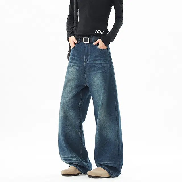 艾梵斯贝 美式复古潮流做旧水洗小众设计感无性别高级感日常通勤个性街舞潮酷高街风时尚街头宽松休闲微喇牛仔裤 男女同款