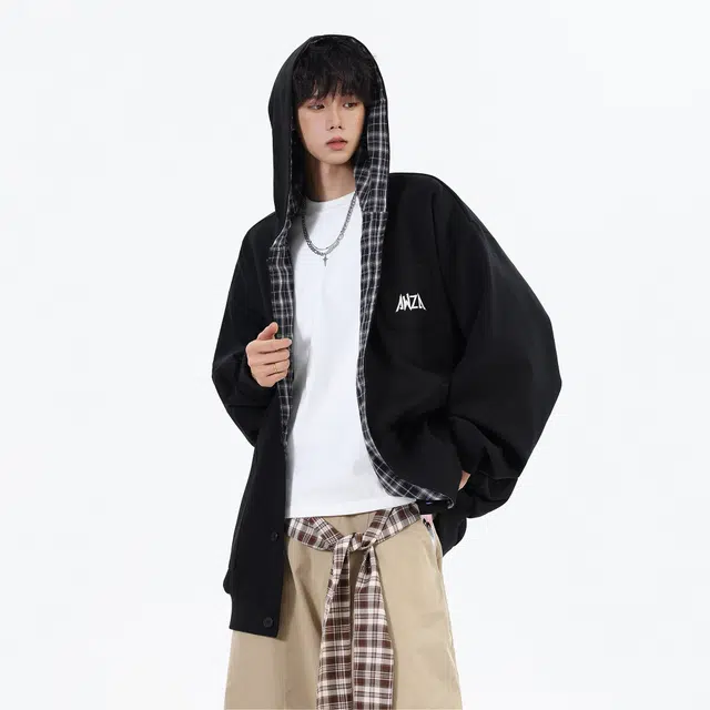 艾梵斯贝 美式复古潮流格子拼接春秋设计款无性别日常通勤百搭宽松休闲时尚高级感简约学院文艺风连帽情侣款开衫卫衣 男女同款