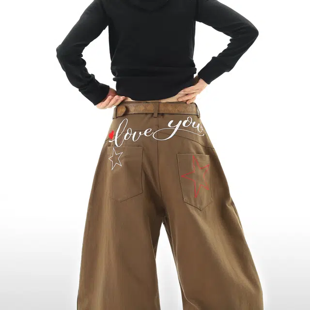 艾梵斯贝 美式复古潮流水洗星星字母刺绣小众设计款无性别日常通勤百搭个性街舞时尚街头高街风宽松休闲弯刀工装牛仔裤 男女同款