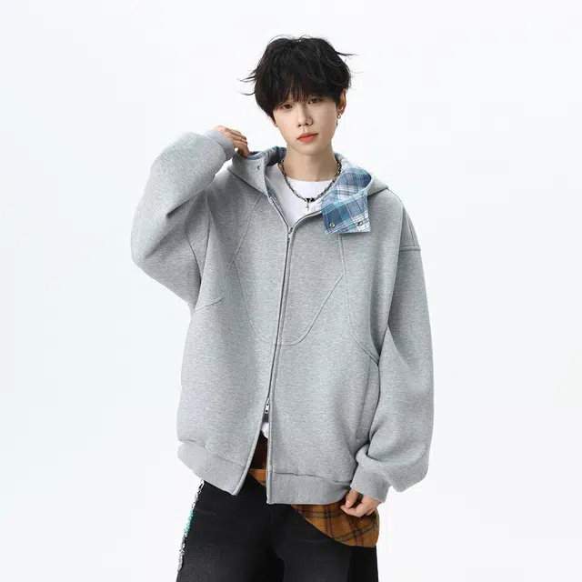 艾梵斯贝 美式复古潮流重磅格子拼接简约设计款无性别日常通勤百搭高级感宽松休闲时尚高街风潮酷情侣款卫衣 男女同款