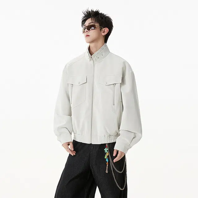 艾梵斯贝 美式复古潮流立领扎染高级感设计无性别主义高街风潮牌日常通勤百搭帅酷气质宽松休闲皮衣 男女同款