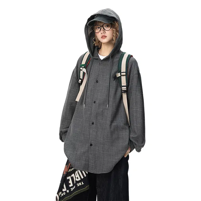 艾梵斯贝 美式复古潮流纯色连帽抽绳法式慵懒风日常通勤百搭高级感显瘦宽松休闲简约松弛感长袖开衫衬衫 男女同款