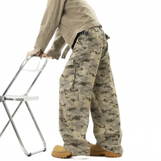 艾梵斯贝 美式复古潮流迷彩工装潮酷设计款无性别日常通勤百搭个性街头高街风潮牌宽松休闲时尚阔腿牛仔裤 男女同款