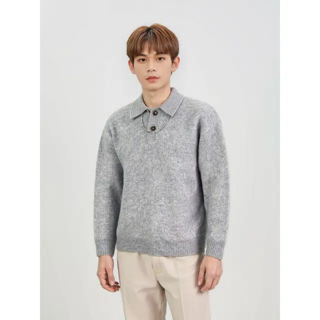 艾梵斯贝 美式复古英伦风简约设计感老钱风翻领宽松休闲商务针织高级感气质青年日常通勤百搭慵懒风毛衣 男款