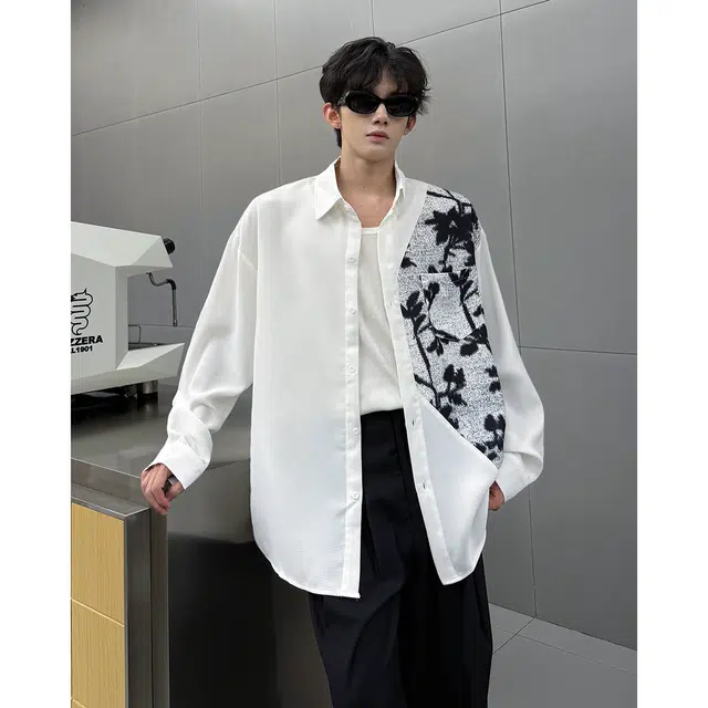 艾梵斯贝 美式复古潮流中古花卉印花拼接小众设计感无性别潮酷高级感日常通勤百搭宽松休闲商务长袖衬衫 男女同款