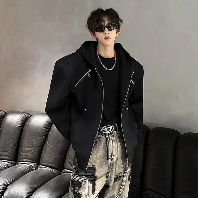 艾梵斯贝 美式风新潮流垫肩金属设计款小众拼接立体解构潮酷高街风日常通勤百搭宽松休闲时尚痞帅高级感连帽夹克 男款