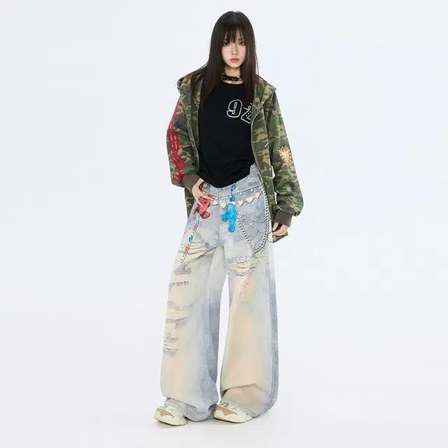 艾梵斯贝 美式复古潮流印花彩绘小众设计款无性别日常通勤百搭高级感宽松休闲高街风直筒牛仔裤 男女同款