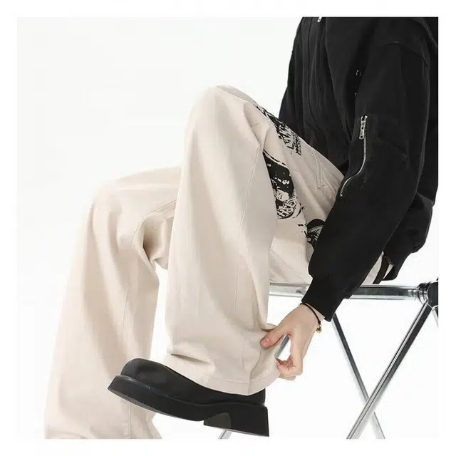 艾梵斯贝 美式复古潮流漫画印花韩版无性别日常通勤百搭潮酷时尚街头高街风个性宽松休闲直筒牛仔裤 男女同款