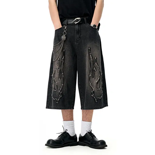 艾梵斯贝 美式复古潮流火焰贴布做旧水洗小众设计款日常通勤百搭潮酷高街风时尚街头个性潮牌七分牛仔短裤 男款