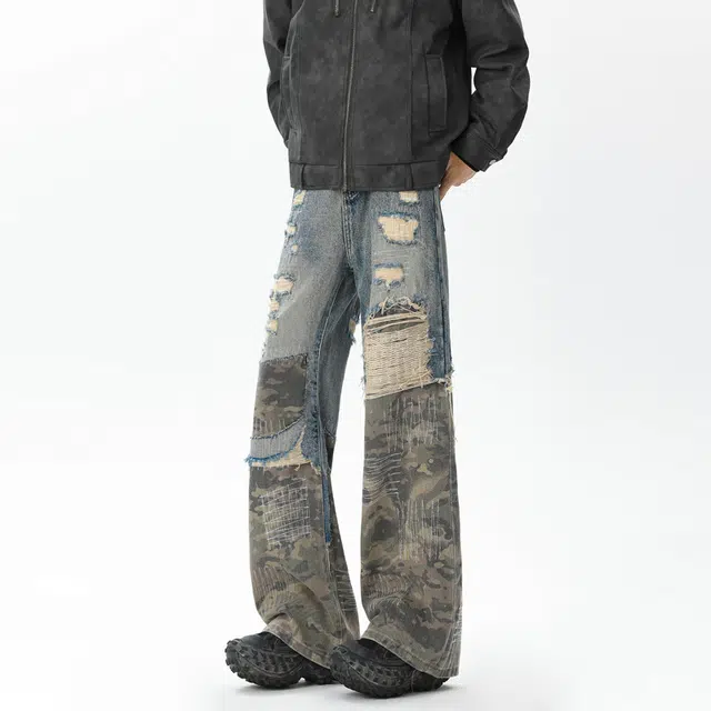艾梵斯贝 美式复古潮流迷彩拼接破洞做旧重工设计感无性别日常通勤百搭个性街头高街风潮酷宽松休闲直筒高级感牛仔裤 男女同款