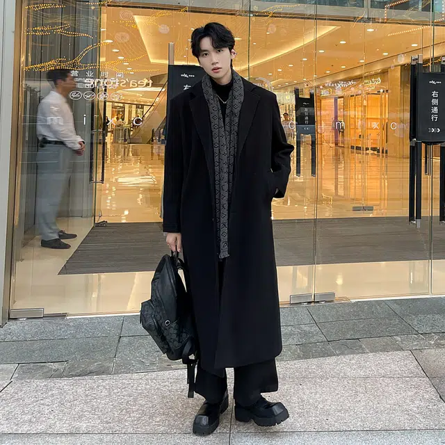 艾梵斯贝 高品质轻奢御寒保暖时尚简约纯色垂感高个子加长款休闲商务绅士日常通勒百搭英伦风单排扣西装领过膝情侣款大衣 男女同款