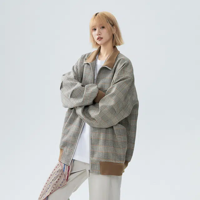 艾梵斯贝 美式复古潮流立领威尔士亲王格翻领拼接设计款无性别日常休闲时尚百搭高级感潮牌情侣款夹克 男女同款