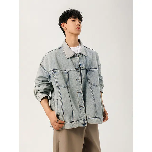 艾梵斯贝 美式复古潮流翻领单排扣经典简约设计水洗工艺廓形法式慵懒风潮酷高街风日常休闲百搭夹克牛仔外套 男女同款